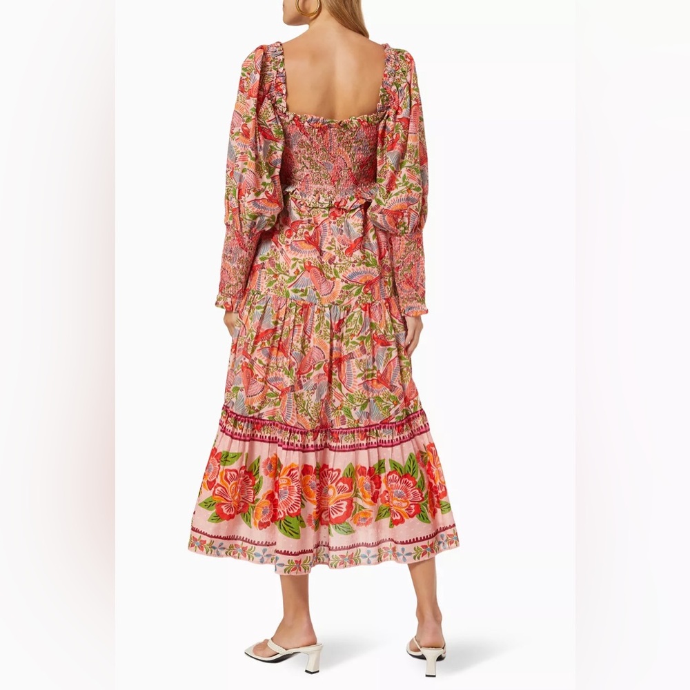 FARM RIO ANTHROPOLOGIE PINK MACAW FLIGHT SMOCKED MIDI DRESS - Picture 2 of 13